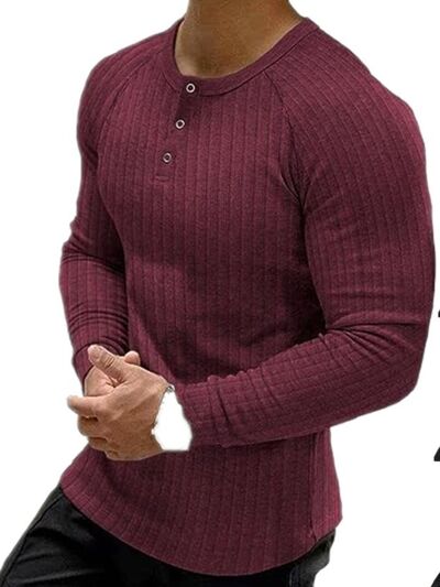 Men's Full Size Ribbed Round Neck Long Sleeve T-Shirt Plus Size.