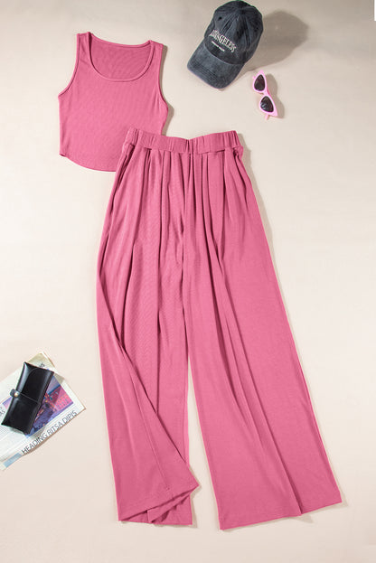 Textured Crop Top and Wide Leg Pants Set