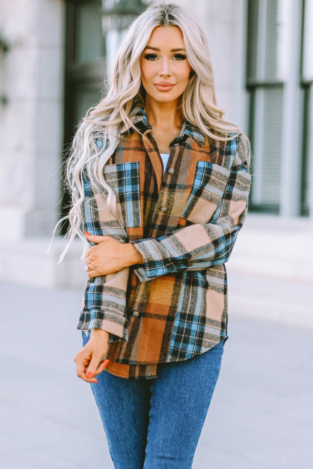 Brown Plaid Color Block Shirt with Pockets