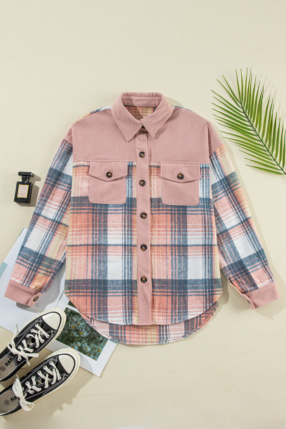 Plaid Corduroy Patchwork Shacket