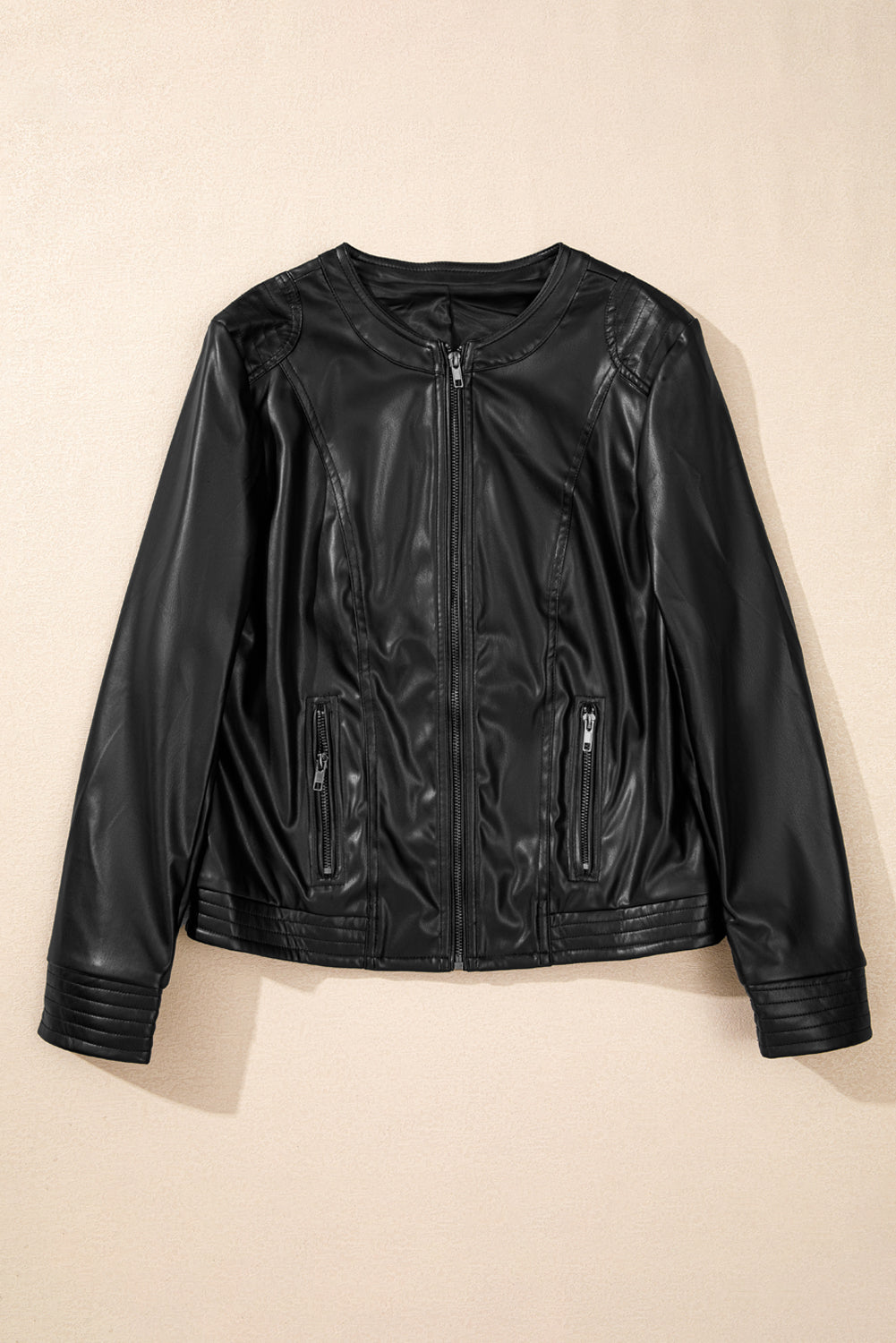 Solid Faux Leather Zipper Slim Fit Bomber Jacket