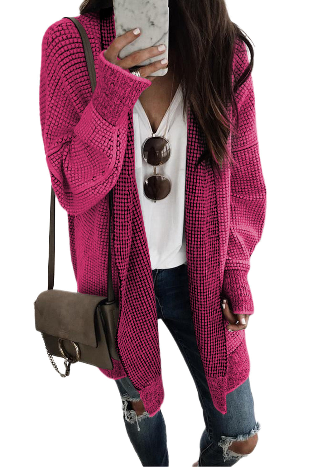 Plaid Knitted Open Front Cardigan