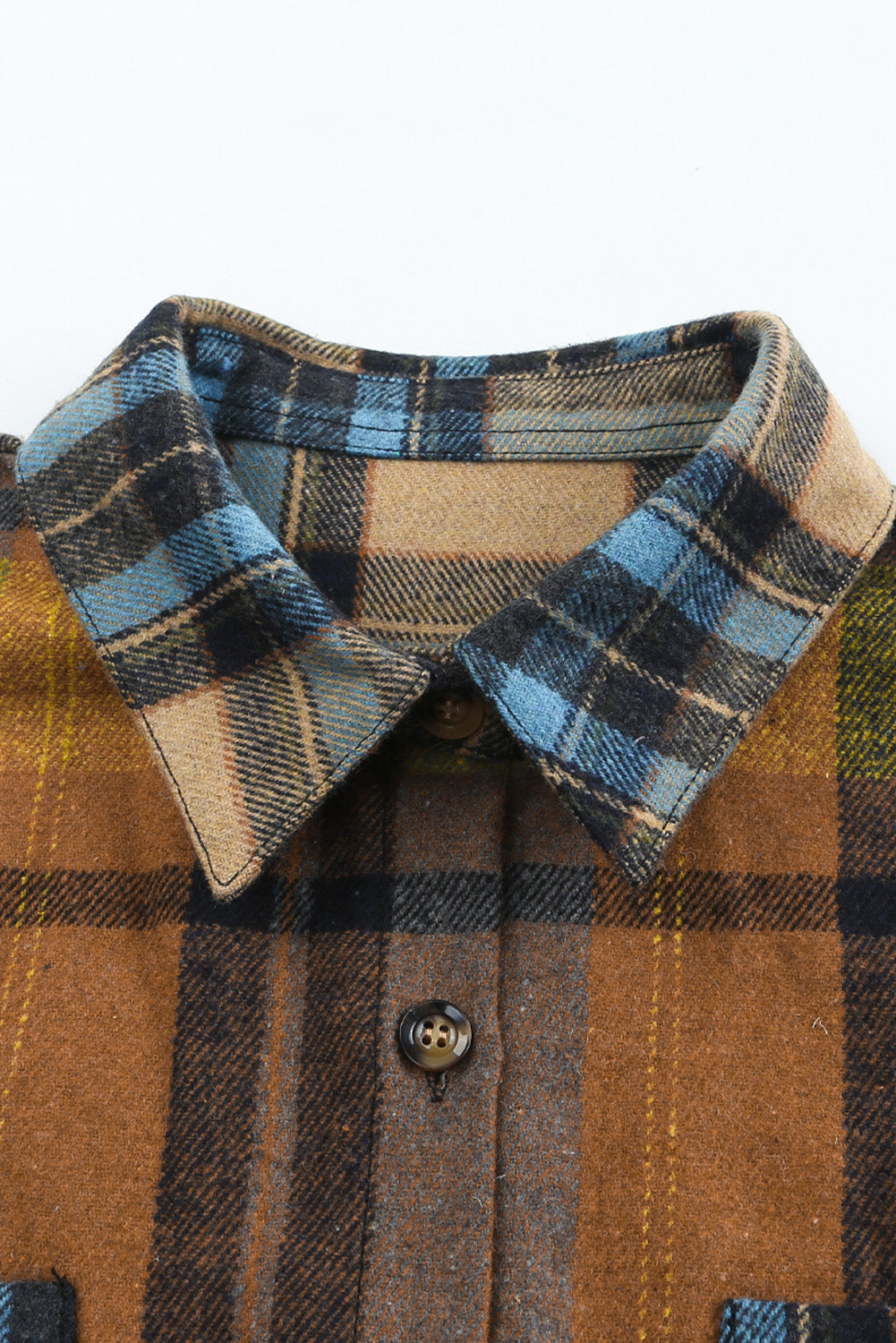 Brown Plaid Color Block Shirt with Pockets