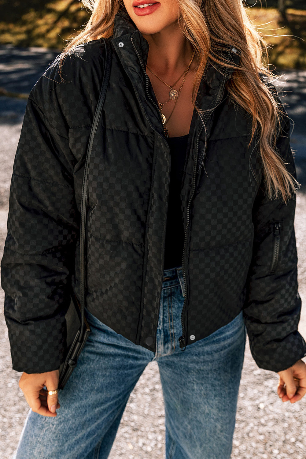 Black Checkerboard Puffer Jacket