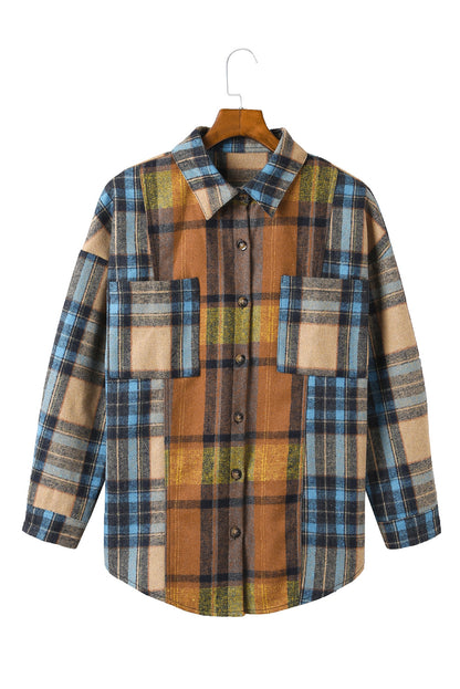 Brown Plaid Color Block Shirt with Pockets