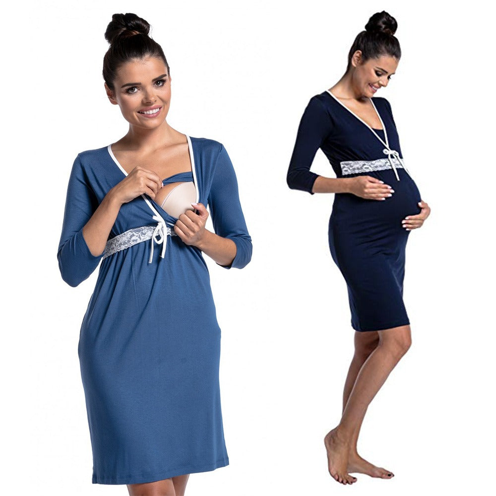 Fashionable lace and lace patchwork deep V-neck nursing dress for pregnant women's pajamas