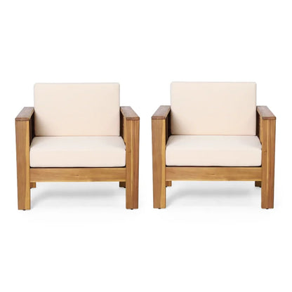 (Set of 2) Outdoor Acacia Wood Club Chairs with Cushions, Teak+Beige, 27.75"D x 32"W x 27.75"H