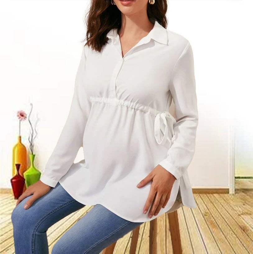 Fashionable solid color V-neck long sleeved maternity shirt