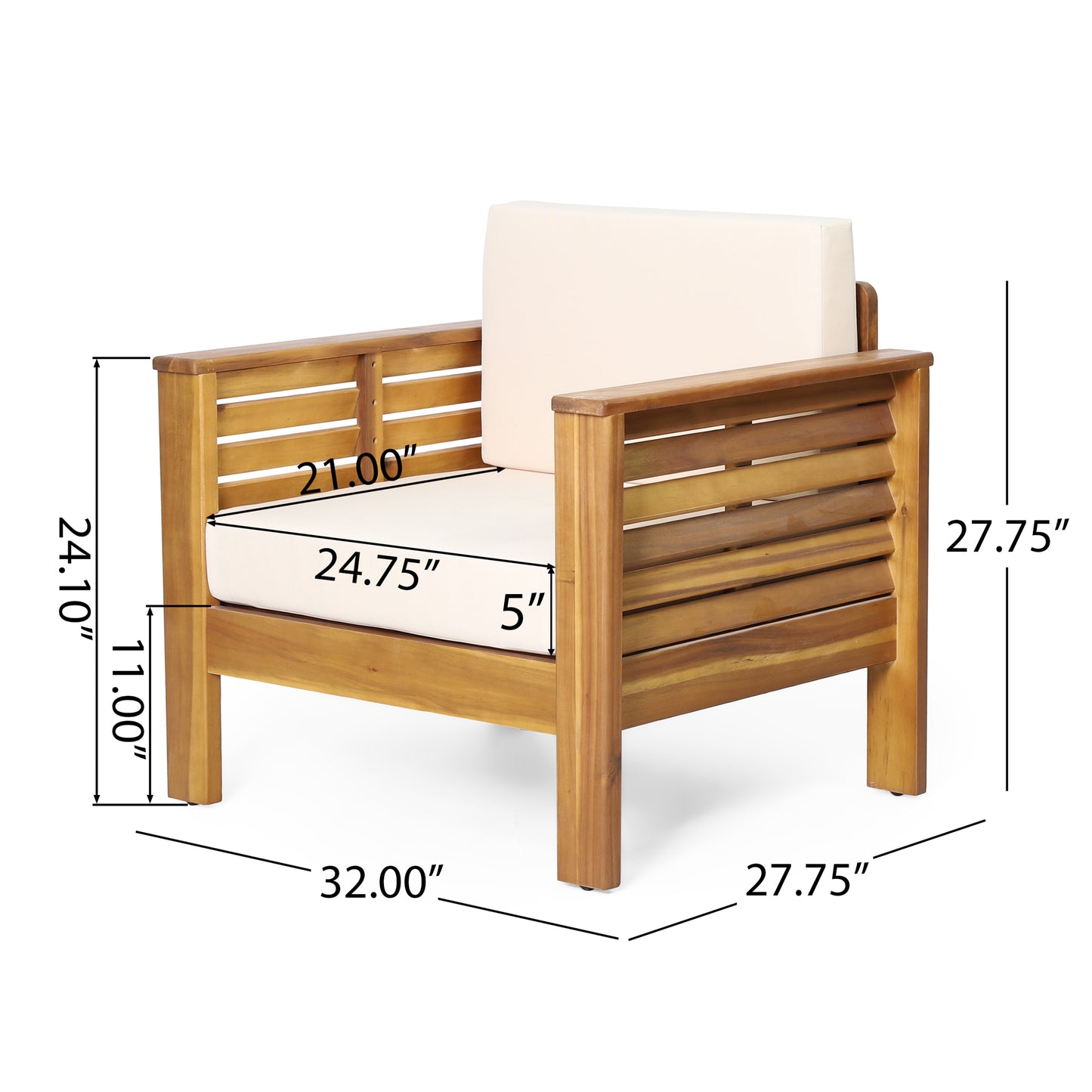 Outdoor Acacia Wood Club Chairs with Cushions, Teak+Beige, 27.75"D x 32"W x 27.75"H