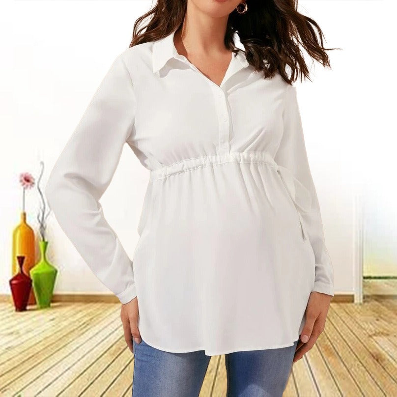 Fashionable solid color V-neck long sleeved maternity shirt