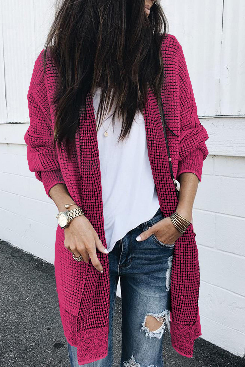 Plaid Knitted Open Front Cardigan