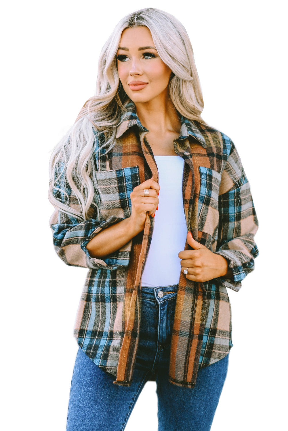 Brown Plaid Color Block Shirt with Pockets