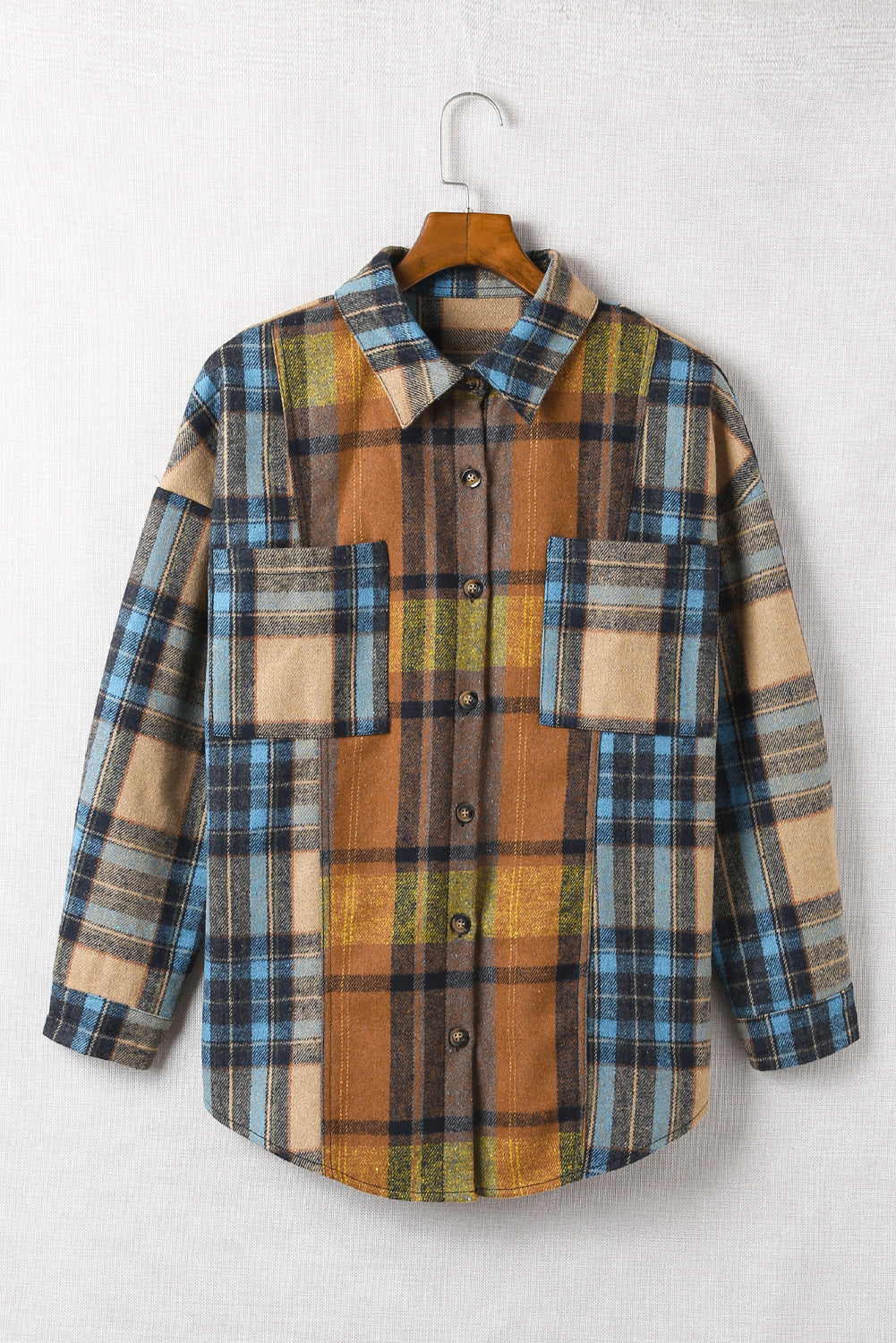 Brown Plaid Color Block Shirt with Pockets