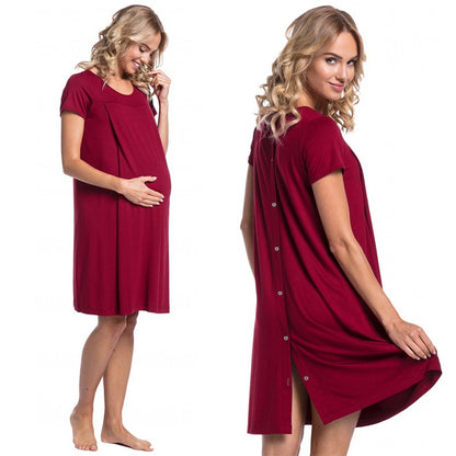 Pregnant women's delivery hospital gown with short sleeves and hidden openings on both sides for nursing care