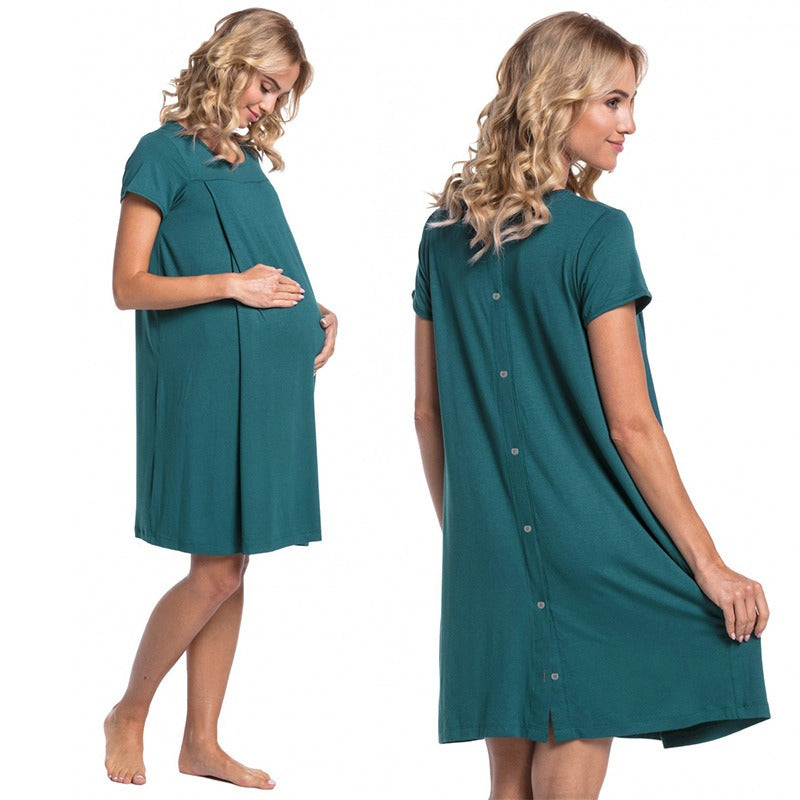 Pregnant women's delivery hospital gown with short sleeves and hidden openings on both sides for nursing care