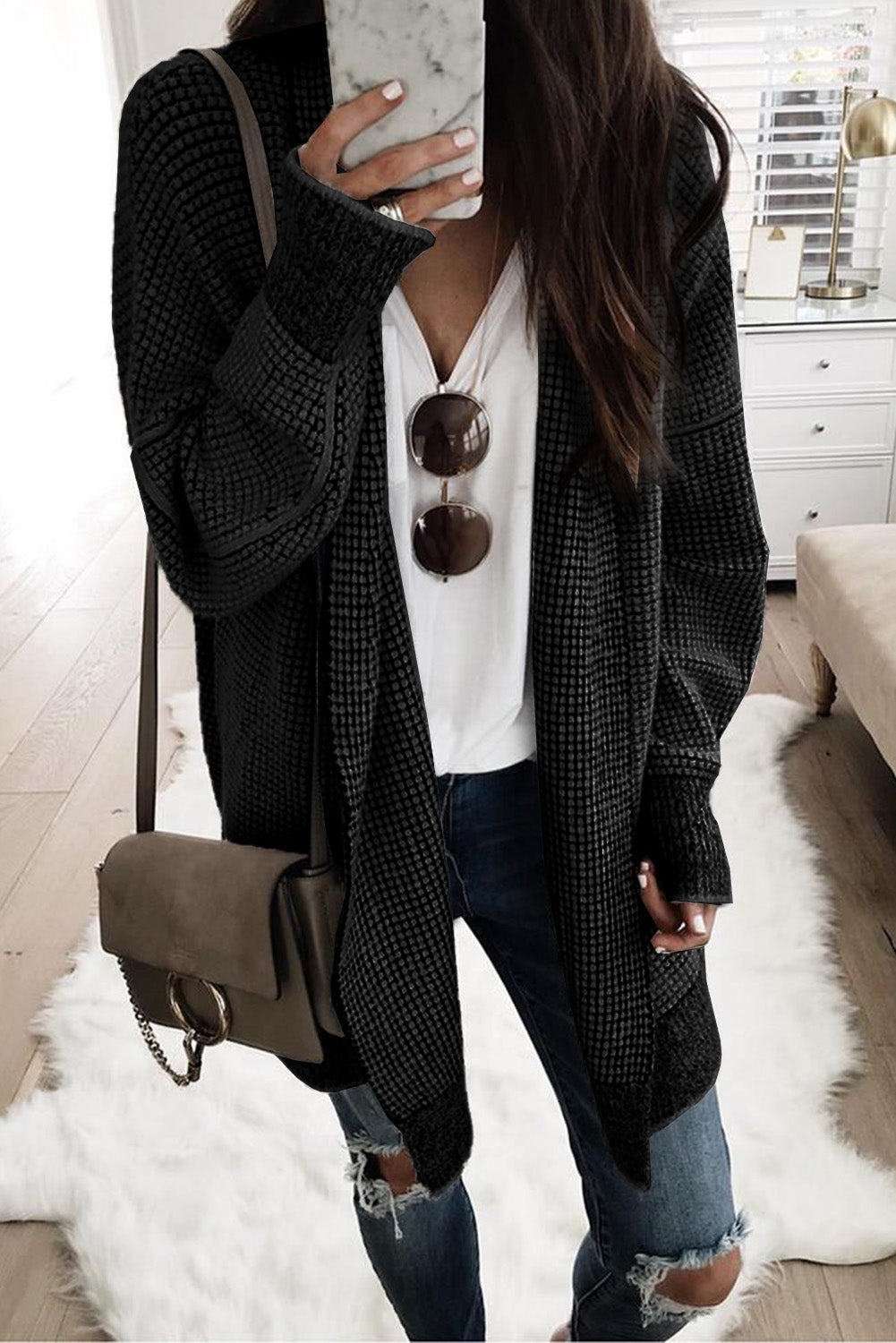 Plaid Knitted Open Front Cardigan