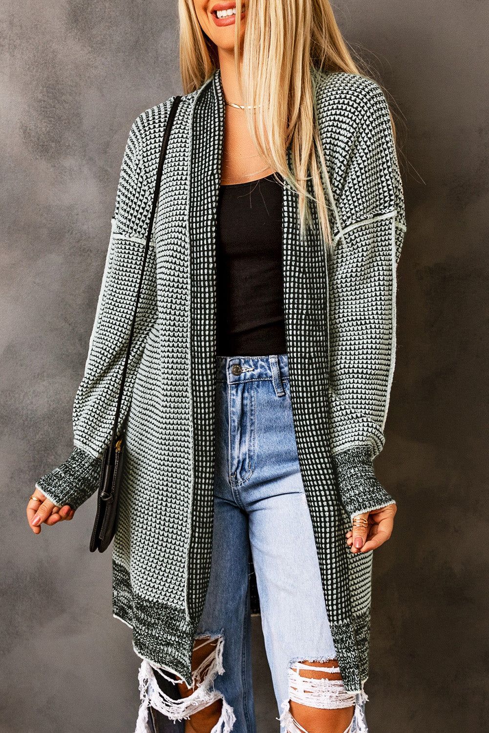 Plaid Knitted Open Front Cardigan