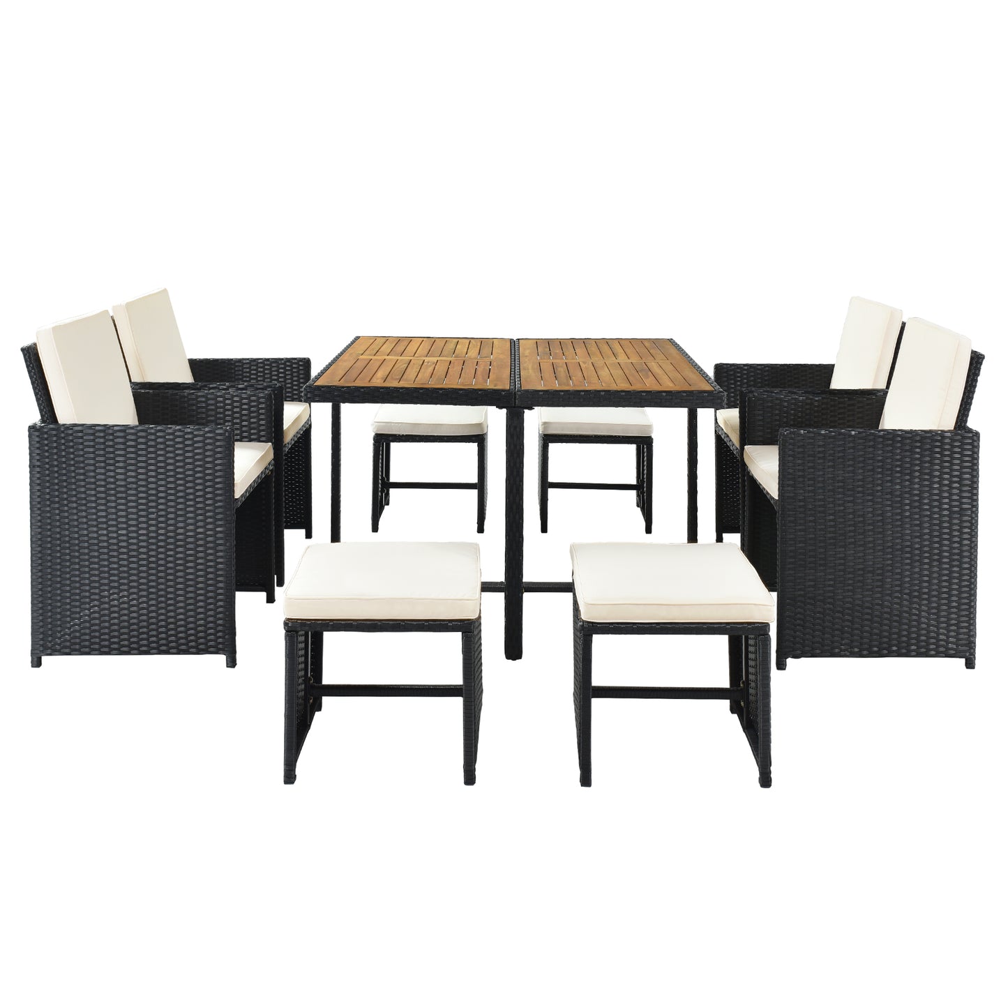 TOPMAX Patio All-Weather PE Wicker Dining Table Set with Wood Tabletop for 8, Black Rattan+Beige Cushion (9-Piece)