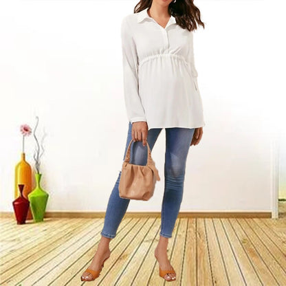 Fashionable solid color V-neck long sleeved maternity shirt