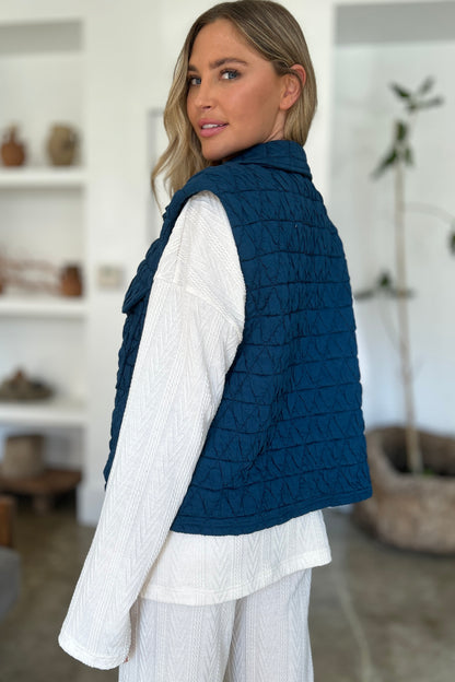 Pocketed Texture Snap Down Vest Coat