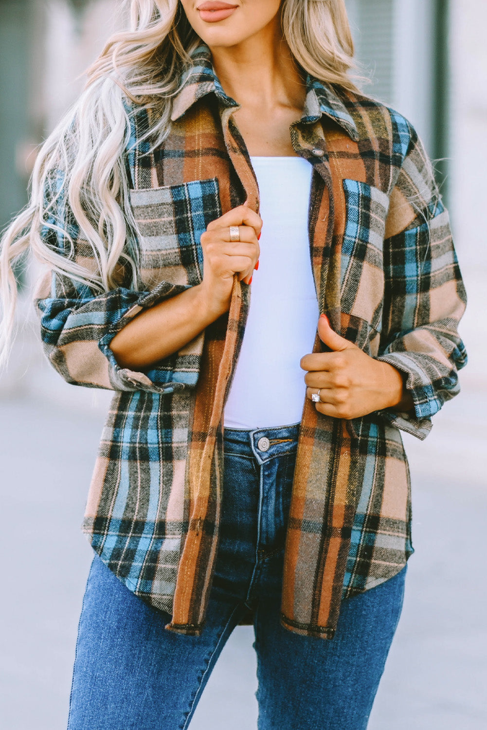 Brown Plaid Color Block Shirt with Pockets