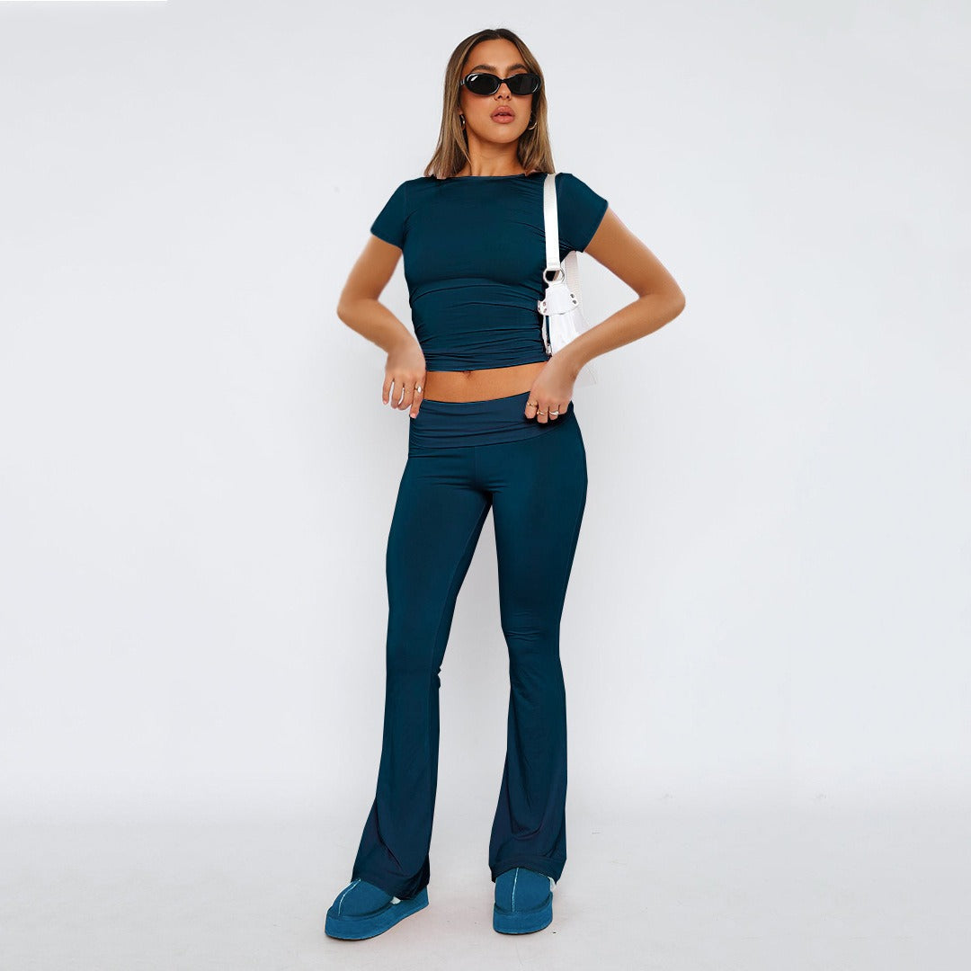 Solid Color Flare Pants Women's Set