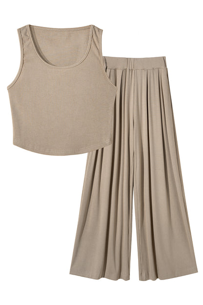 Textured Crop Top and Wide Leg Pants Set