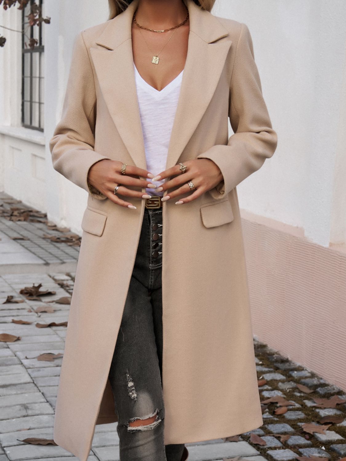 Pocketed Collared Neck Long Sleeve Coat