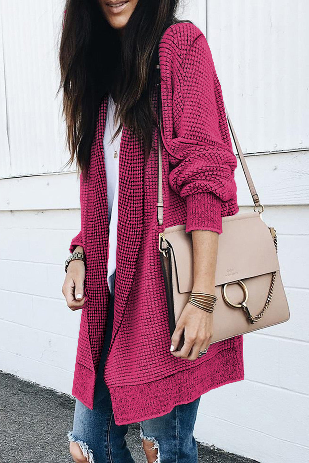 Plaid Knitted Open Front Cardigan