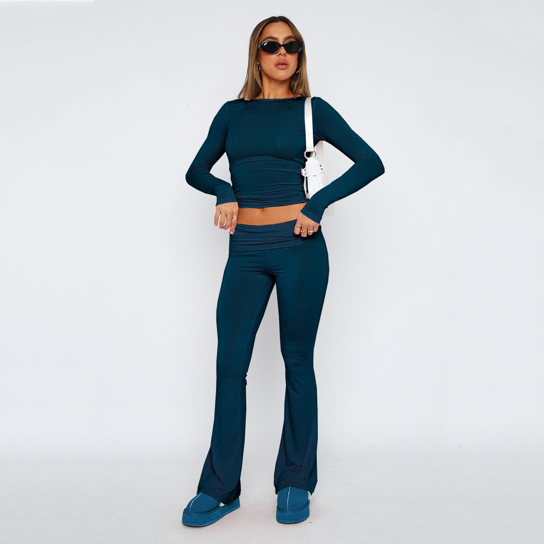 Solid Color Flare Pants Women's Set