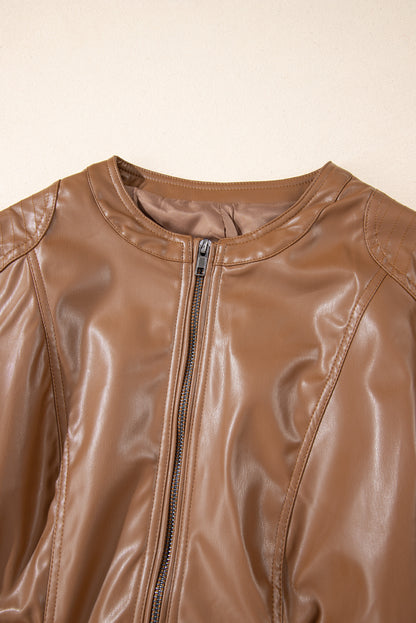 Solid Faux Leather Zipper Slim Fit Bomber Jacket