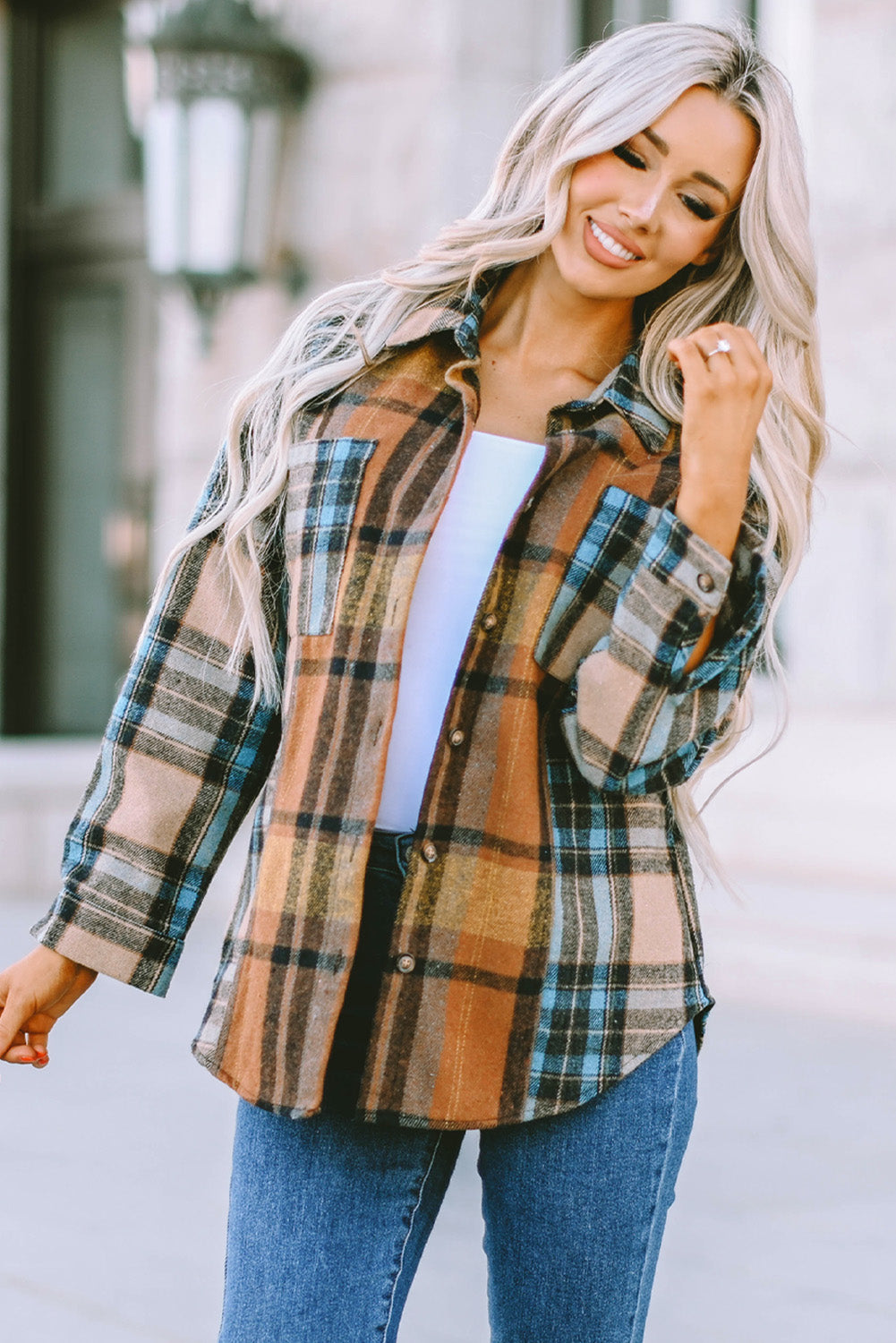 Brown Plaid Color Block Shirt with Pockets