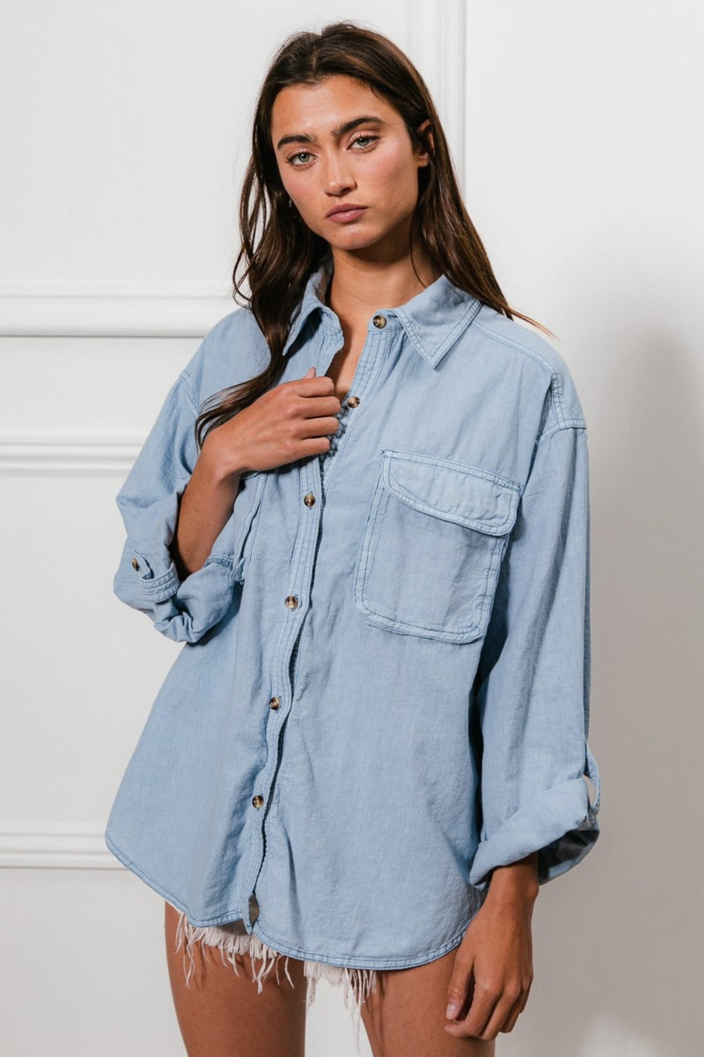 Button Down Stitch Detail Shirt with Chest Pockets