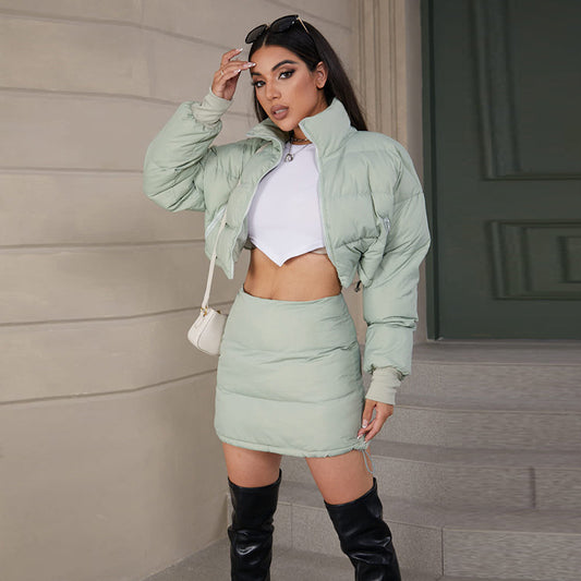 Long Sleeve Puffer Jacket Skirt Set