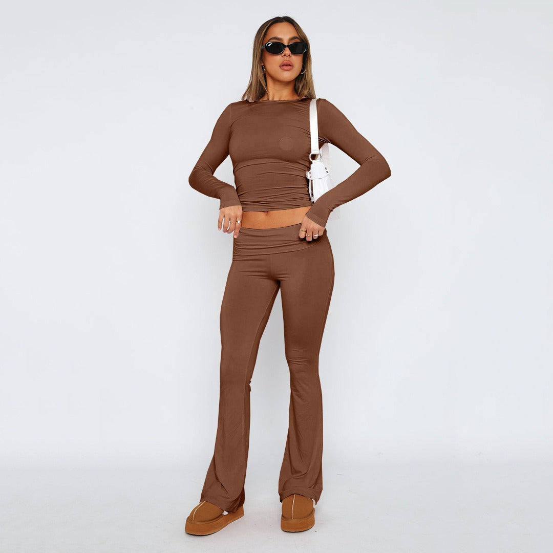 Solid Color Flare Pants Women's Set