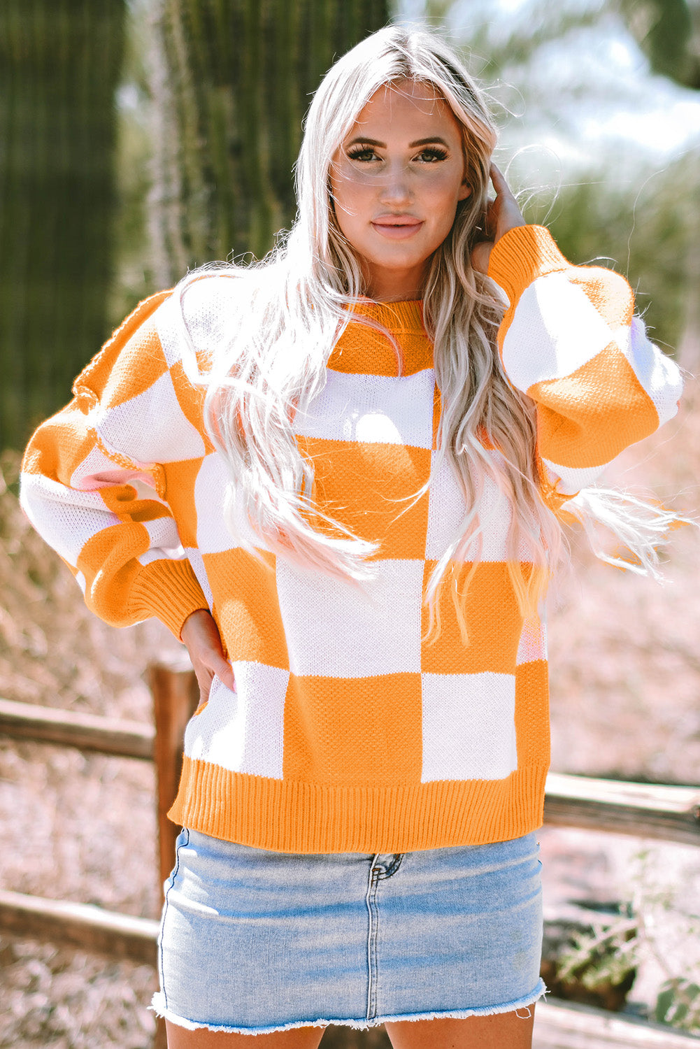 Checkered Bishop Sleeve Sweater