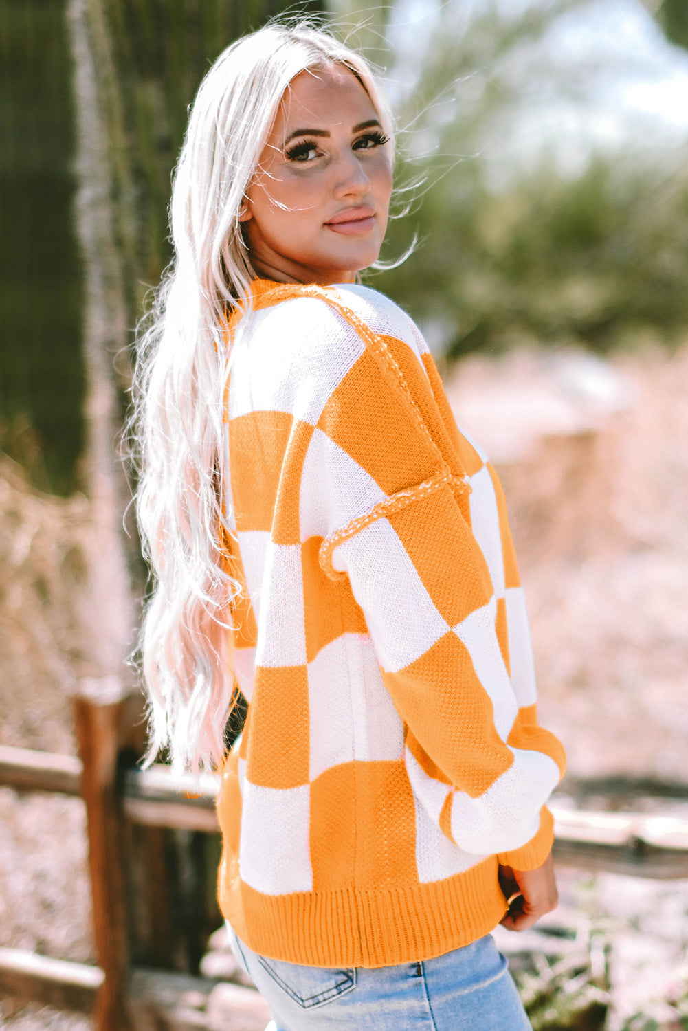 Checkered Bishop Sleeve Sweater