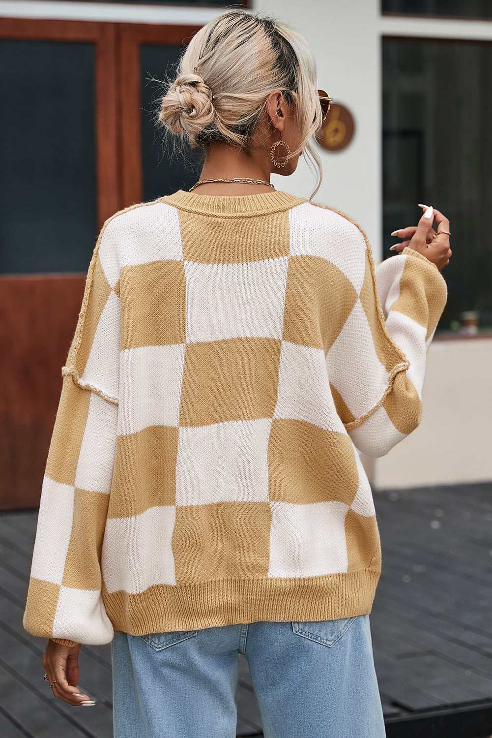 Checkered Bishop Sleeve Sweater