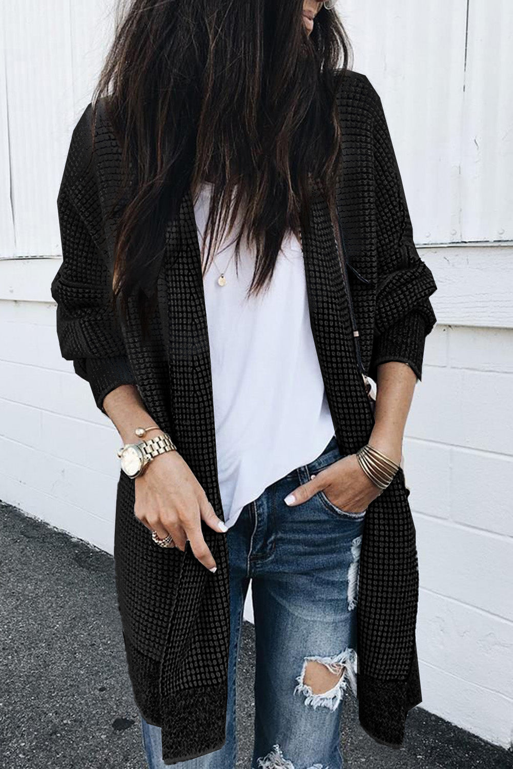 Plaid Knitted Open Front Cardigan