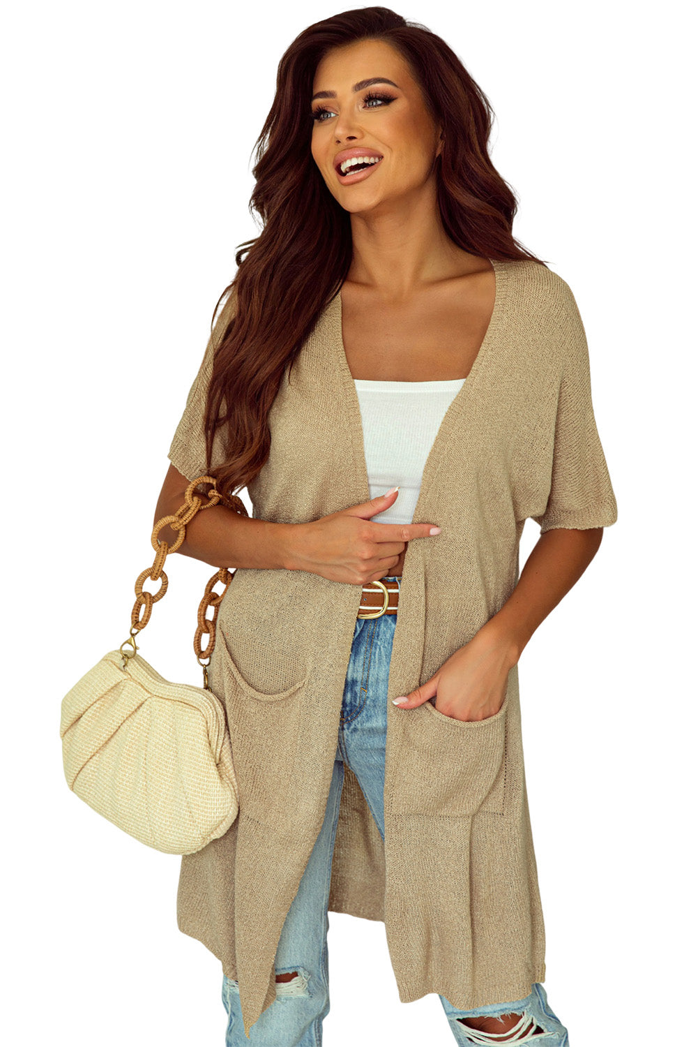 Gray Dolman Half Sleeve Pocketed Long Cardigan