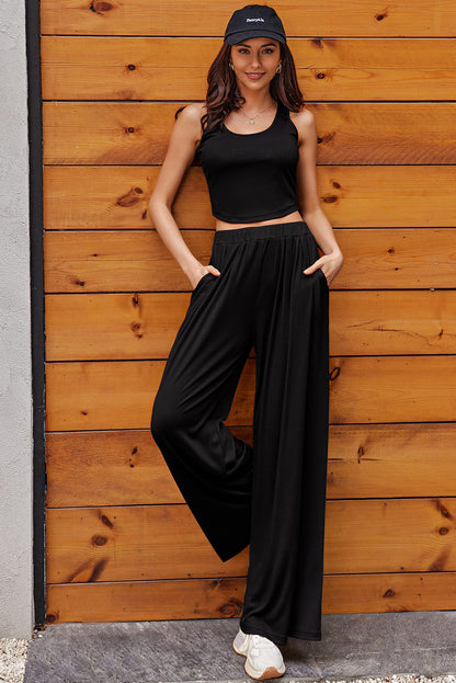 Textured Crop Top and Wide Leg Pants Set