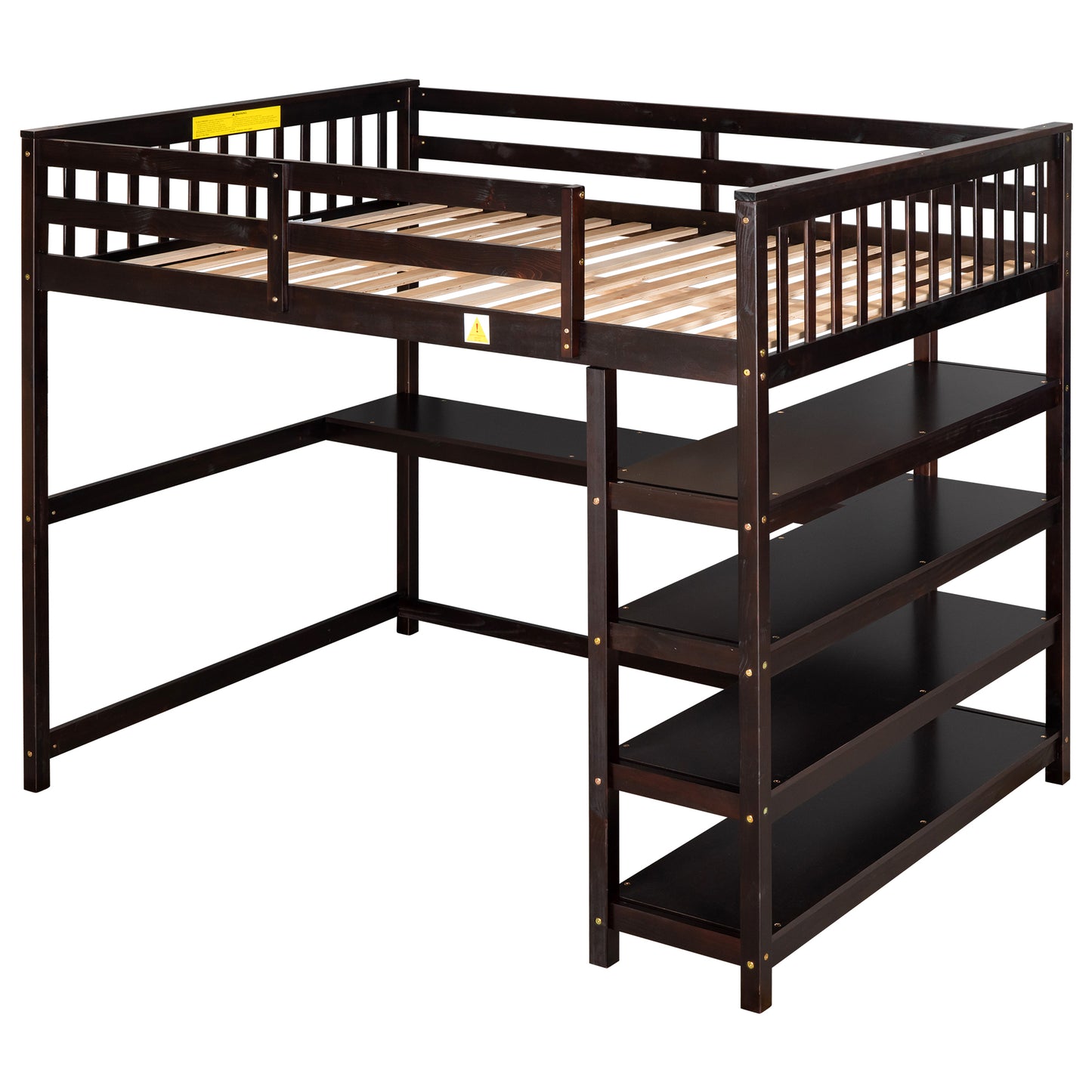 Full Size Loft Bed with Storage Shelves and Under-bed Desk