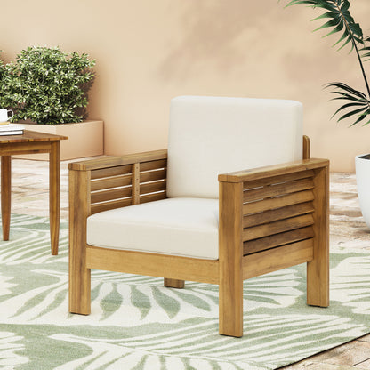 Outdoor Acacia Wood Club Chairs with Cushions, Teak+Beige, 27.75"D x 32"W x 27.75"H