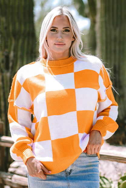 Checkered Bishop Sleeve Sweater