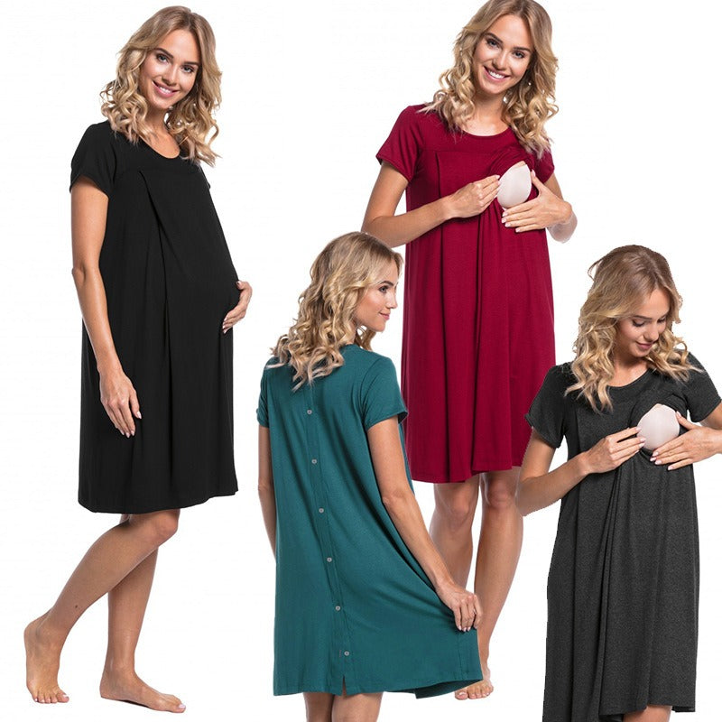 Pregnant women's delivery hospital gown with short sleeves and hidden openings on both sides for nursing care