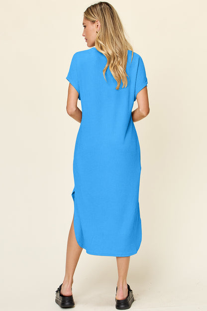 Full Size Round Neck Short Sleeve Slit Dress