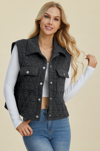 Pocketed Texture Snap Down Vest Coat