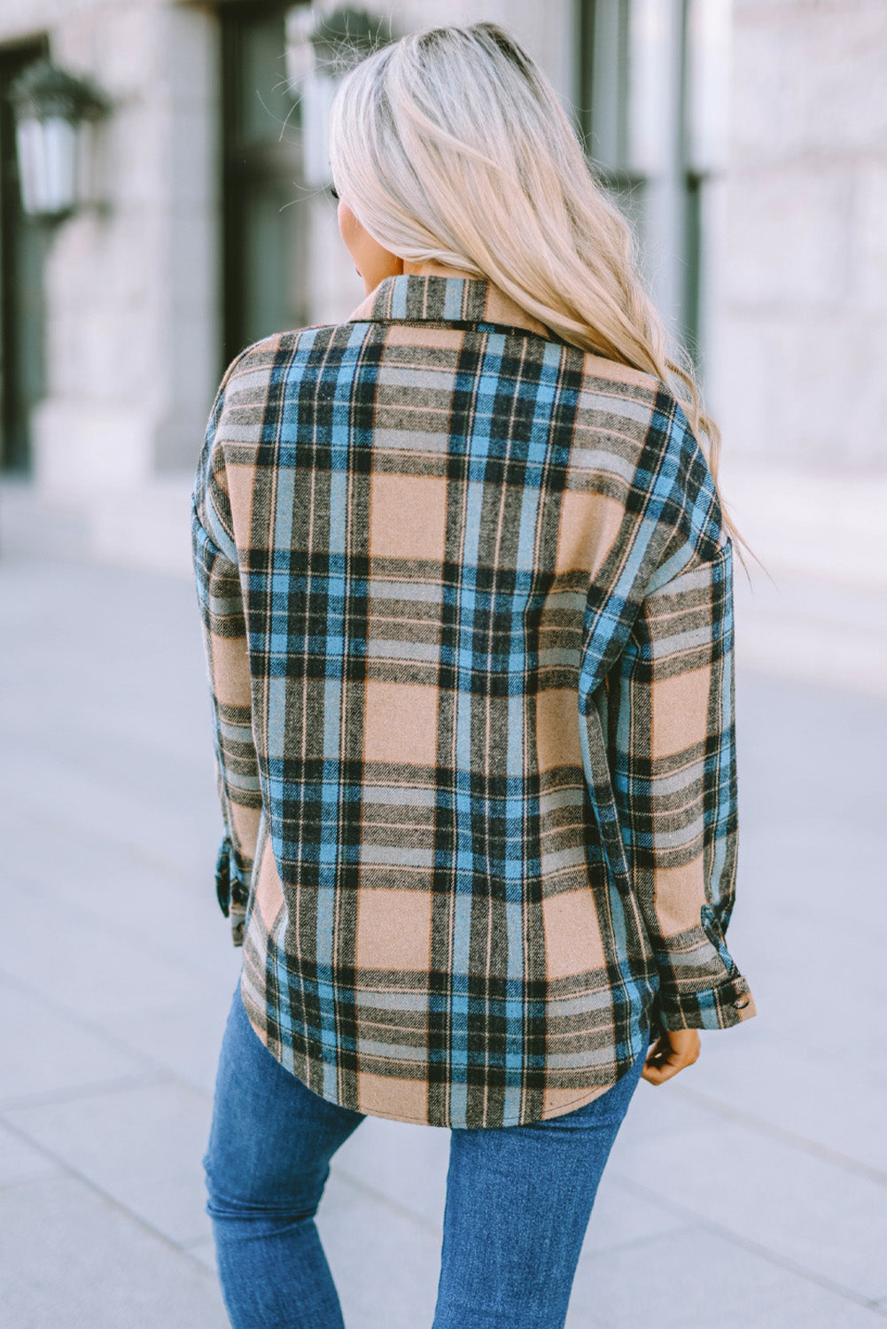 Brown Plaid Color Block Shirt with Pockets