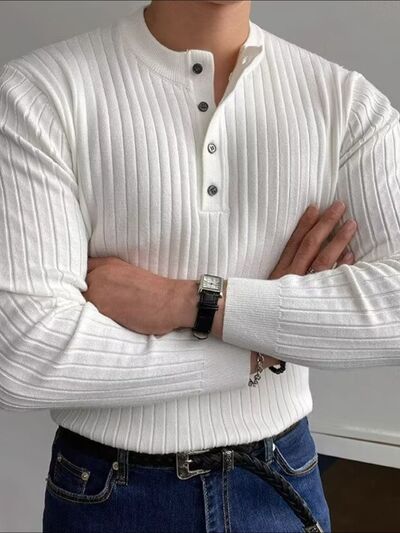 Button Detail Ribbed Long Sleeve Men's Knit Top.