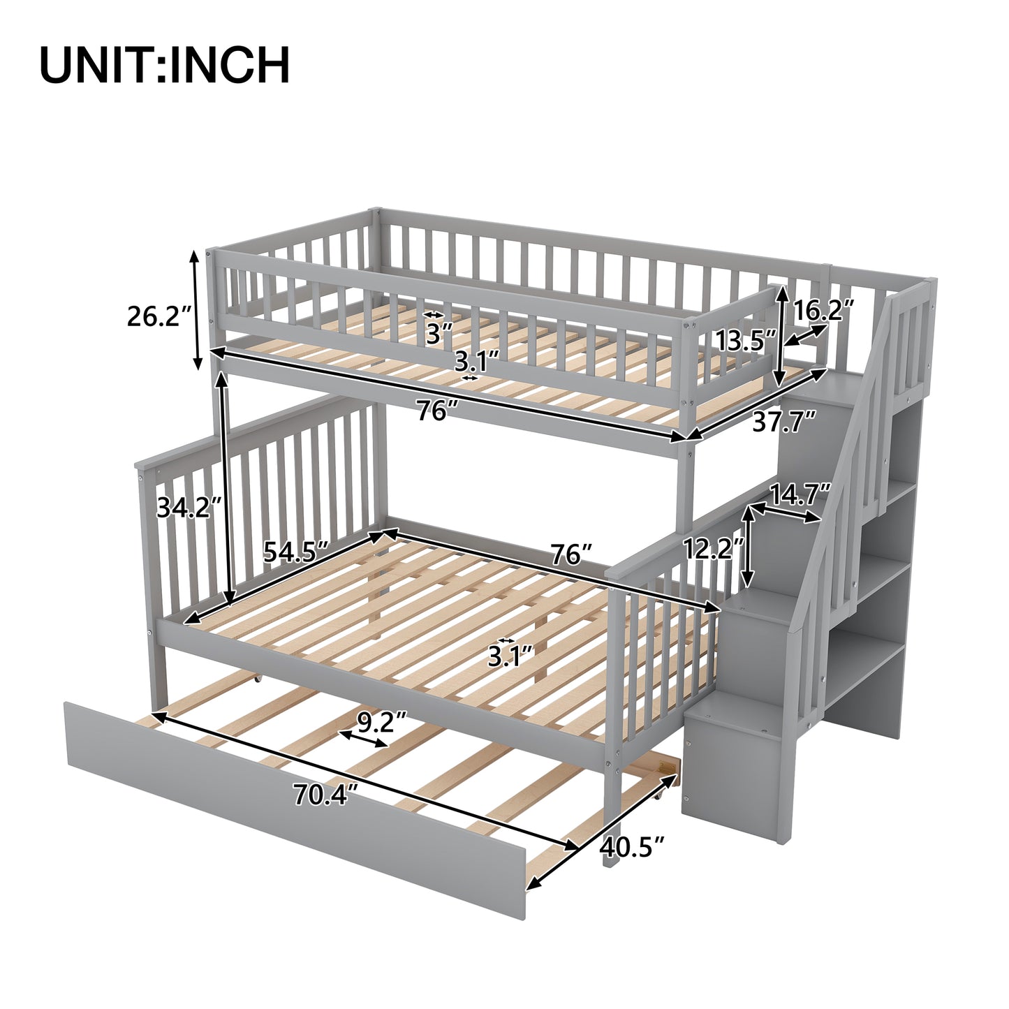 Twin over Full Bunk Bed with Trundle and Staircase Gray